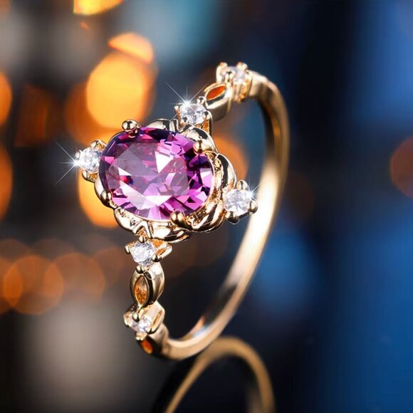 14k Yellow Gold Diamond Purple Amethyst Ring - Picture 4 of 10